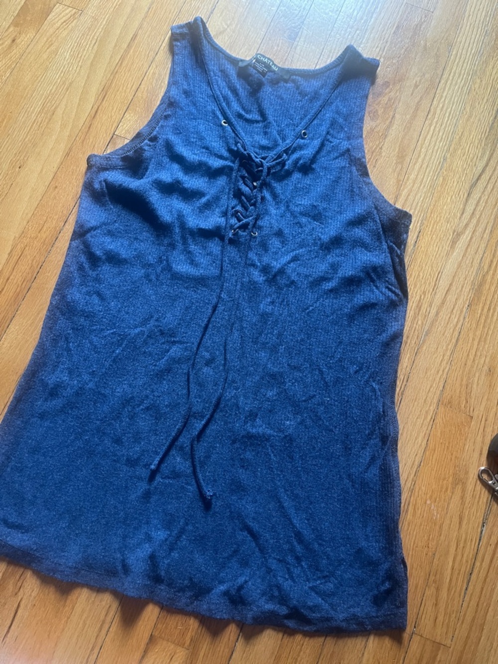 Navy Lace-Up Ribbed Tank Top